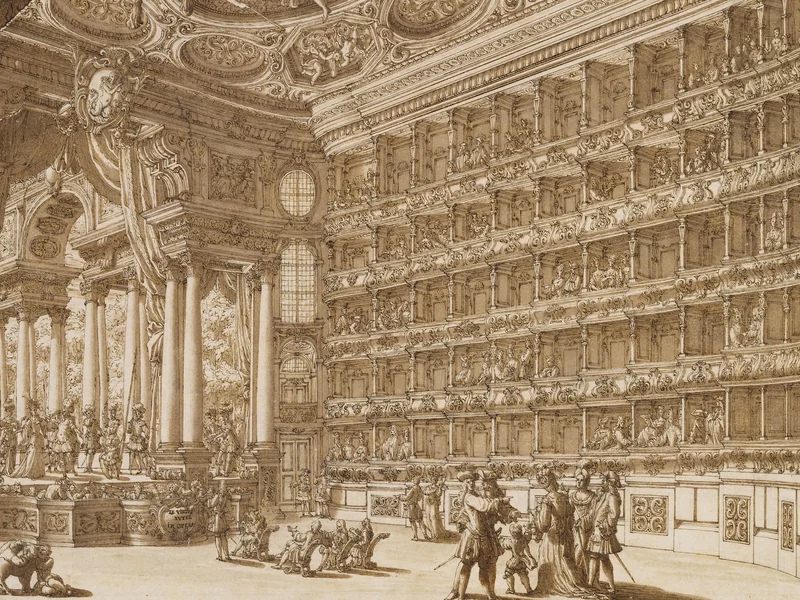 1699-Jean - Joseph Chamant - Disegno della sala e del palcoscenico del Teatro Filarmonico di Verona, ca. 1729